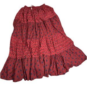Janasya Red Floral Tiered Maxi Skirt Women's Small Cotton Lined Boho‎